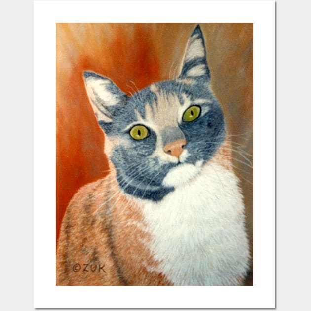 Calico Cat Pastel Portrait in Grey, White and Orange Wall Art by KarenZukArt